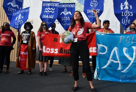Teresa Anderson, COP27 protest  CAPTION, FULL DESCRIPTION AND QUOTES ActionAid staff and activist protest at COP27 campaigning for a loss and damage funding facility.